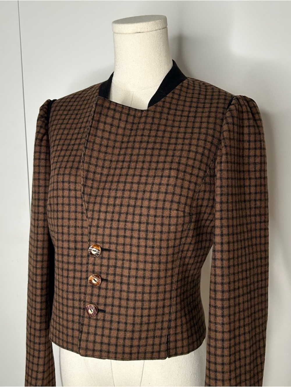 Vintage Brown Checked Wool Cropped Women's Blazer Coat
